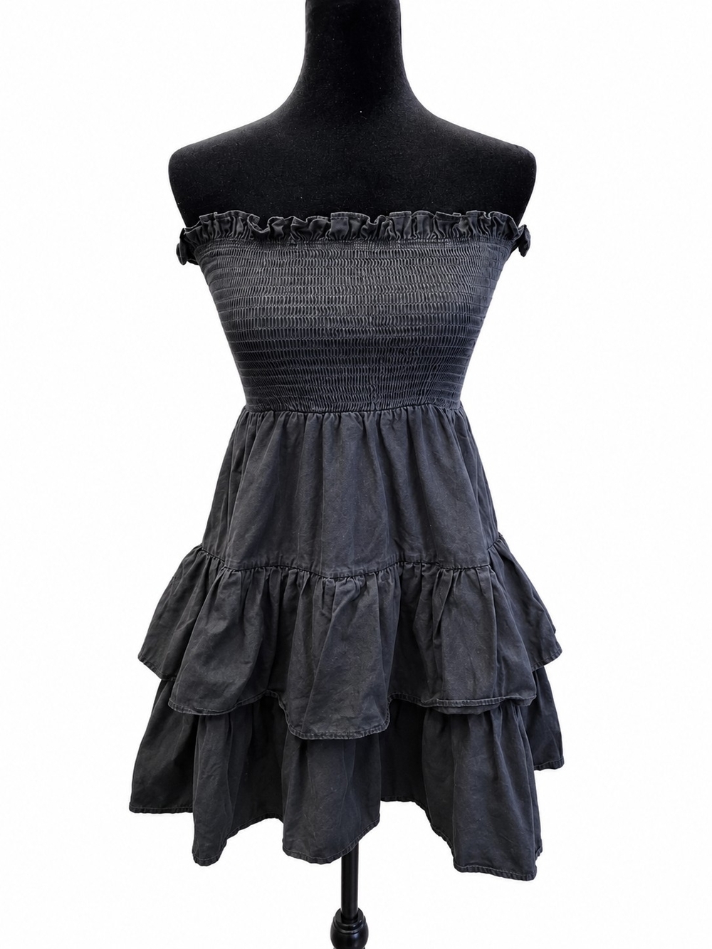 Forever 21 Black Strapless Smocked Tiered Ruffle Mini Dress Size Small